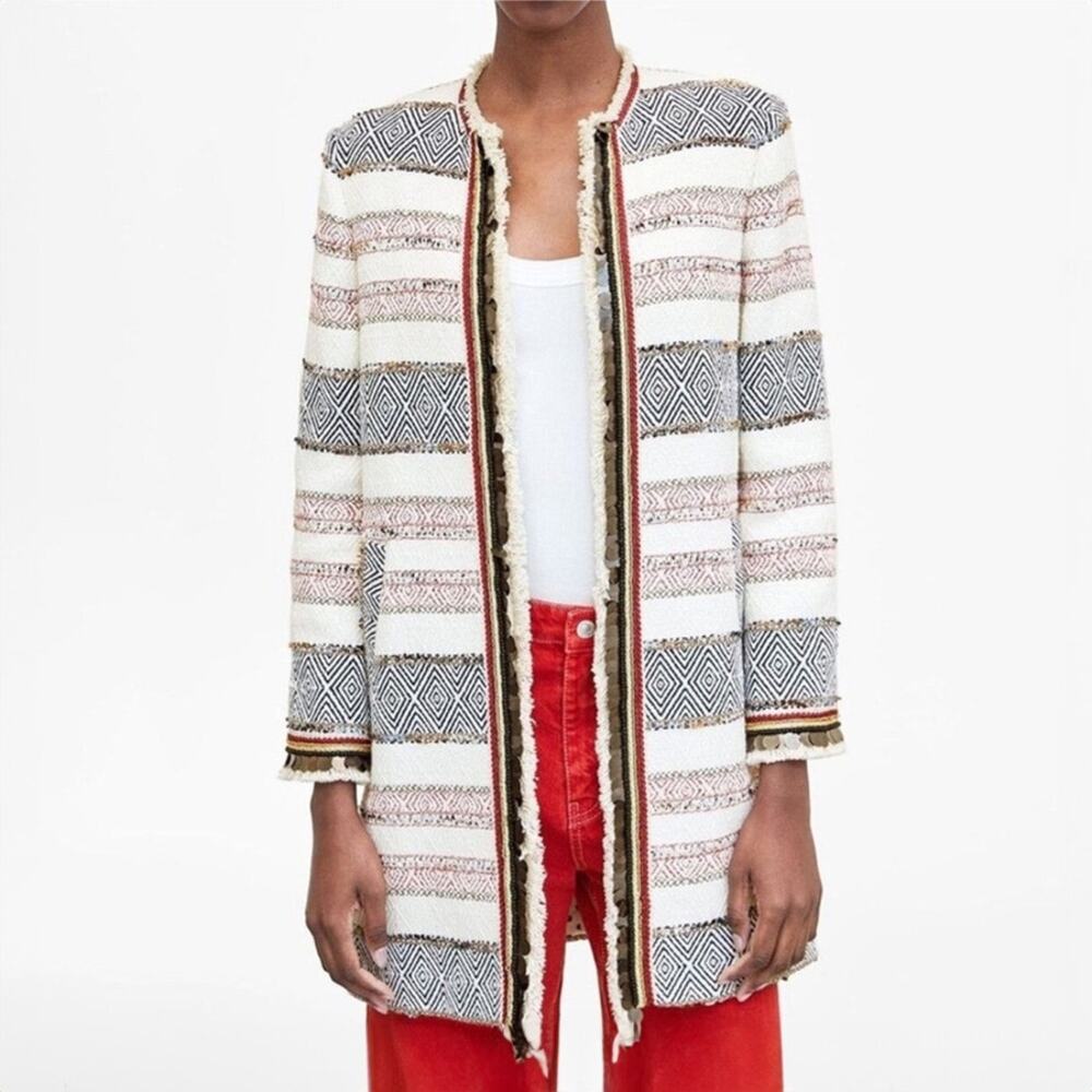 Zara Boucle Tweed Embellished Sequin Fringe Striped Jacket M